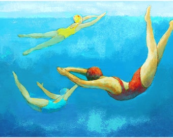 Underwater Swimmers painting , coastal art, large wall art , vintage swimmers, large wall art , swimming pool art ,  mid-century modern art,