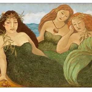Fat Mermaid art print , Mermaid Art, Beachhouse Art print, Fat Women Art, three mermaids , chubby mermaid art print, powder room art print