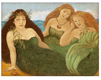 Fat Mermaid art print , Mermaid Art, Beachhouse Art print, Fat Women Art, three mermaids , chubby mermaid art print, powder room art print