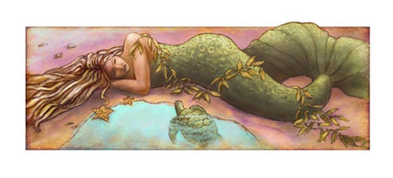 Mermaid, Beach House Art, Powder Room Art, turtle print , Beach Art, ocean art print, mermaid print , sleeping mermaid, beach art print