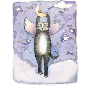 All Good Cats Go to Heaven, cat art, kitty art, humorous cat art, humorous animal art, powder room art, blue art print, sympathy card art