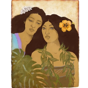 Polynesian woman art , sisters art, Hawaiian women art, maile lei, two women, best friends , lesbian art, mother and daughter art, gay woman