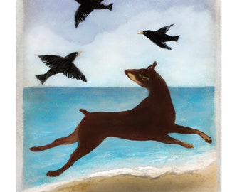 Doberman on the Beach with Birds, Doberman, dog on beach, dog playing, dog and birds, blackbirds, running dog, Doberman playing, beach dog