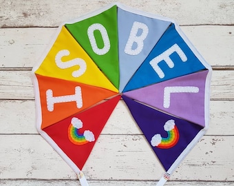 Rainbow bunting for children's playroom or bedroom, personalised banner for nursery, gift for new baby, gift for her, rainbow wall decor