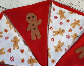 Christmas bunting, gingerbread man garland, xmas banner, wall decor, Christmas decoration, red and white banner, Christmas wall hanging