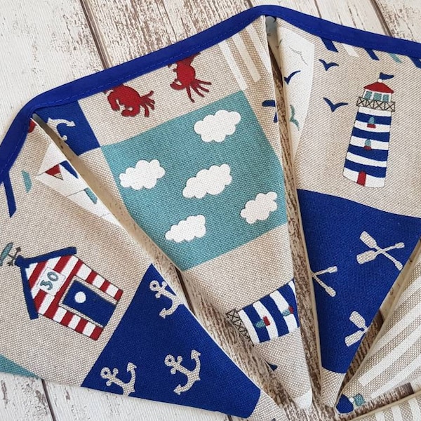 Beach hut bunting, coastal style flags, gift for new beach hut owner, hessian style, summer party decoration, garden bunting, new home gift