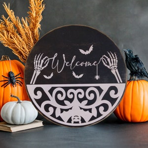 Skeleton Welcome Sign - Halloween Sign - Bat Sign - Round Sign - Halloween Decoration - Rustic Sign - FREE SHIPPING
