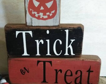 Trick or Treat Sign - Wood Block Sign - Halloween Sign - Halloween Decor - Pumpkin Sign - Jack O Lantern Sign - FREE SHIPPING