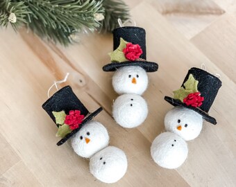 Mini Snowman Ornaments | Set of 3 | Felt Ball Ornaments | Present Ornaments | Christmas Present Toppers