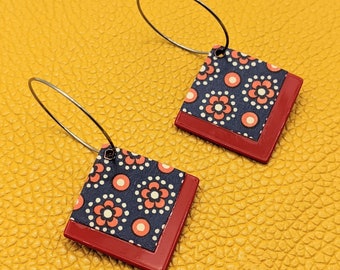 Red cellulose acetate earrings and handmade paper, steel ring earrings, handmade earrings