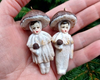 Set von zwei Mini versponnener Baumwolle Boletus edulis Pilz Skulptur Weihnachtsbaumschmuck Feengarten Steinpilz Spielzeug Penny bun Ornament