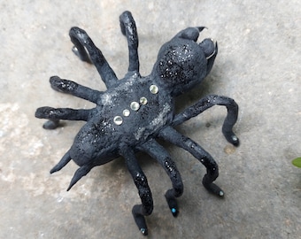 Spun cotton black spider Halloween ornament Mysterious handmade insect Macabre arachnid decor Figurine for halloween party Spider sculpture