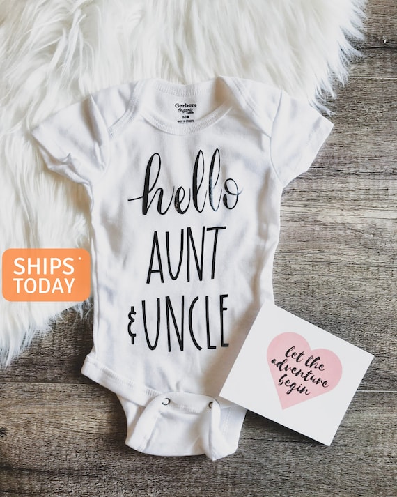Pregnancy Reveal hellohappybaby Announcement Hello Aunt and Uncle Pregnancy Announcement Onesie\u00ae Hello Aunt /& Uncle gift Future Sister
