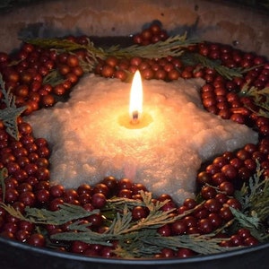 May include: A star-shaped candle with a flickering flame sits in a bowl surrounded by red berries and green sprigs.