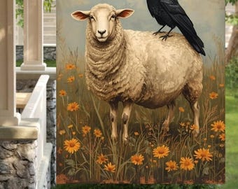 Primitive Sheep & Crow 28"x40" Yard Flag