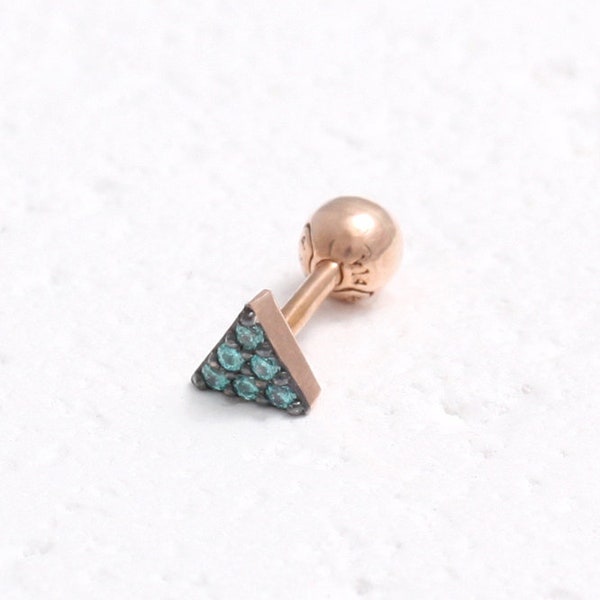 0.01ct Blue Diamonds Pave Small Triangle Solid Gold Cartilage, Conch, Helix, Lobe Piercing Earring-16g, 18g/ 1pcs