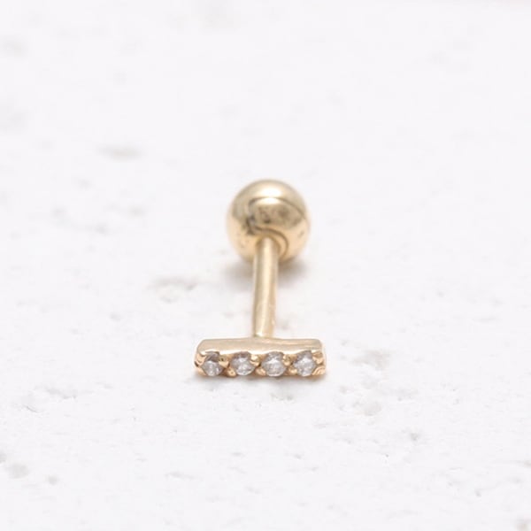 0.01ct Genuine Diamonds Pave Tiny Bar Solid Gold  Cartilage, Conch, Tragus, Helix, Lobe Piercing Earring-16g, 18g/ 1pcs