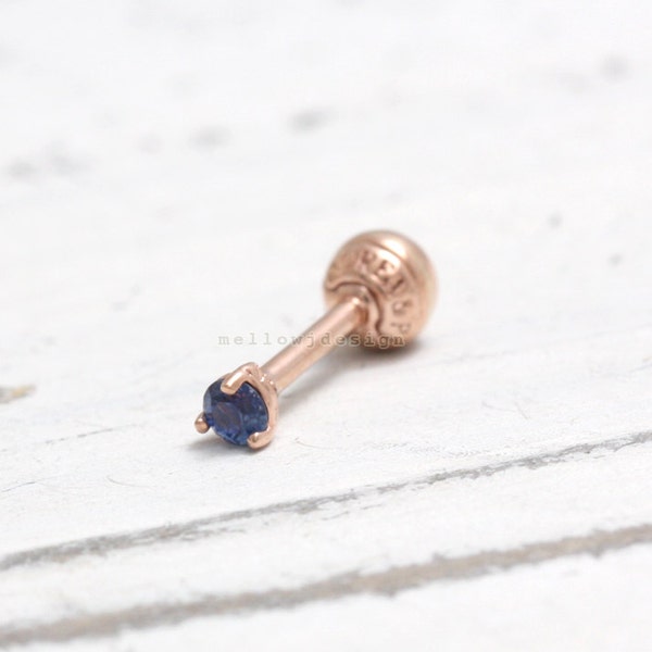 0.03ct Genuine Blue Sapphire Prong Setting Solid Gold Cartilage, Conch, Helix, Lobe Piercing Earring-16g, 18g/ 1pcs