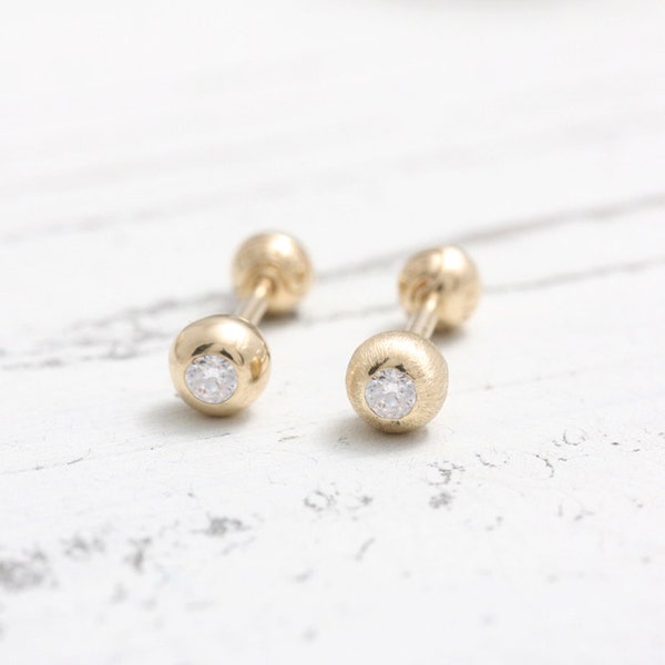 0.05ct Genuine Diamond Ball Barbell Solid Gold Ear Cartilage, Conch, Helix, Lobe Piercing Earring/ Smooth Shiny, Stardust Brushed-1pcs