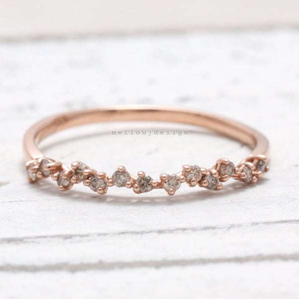 Echte Cognac Diamanten Zickzack Krappen Einstellung Thin Band Solid Gold Ring, Champagner Diamanten Ring