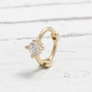 14K Solid Gold 0.07ct CZ, Moissanite, Lab Grown or Genuine Diamond Prong Setting Tiny Hoop Ear Helix, Tragus, Cartilage Earring 20g/ 1qty