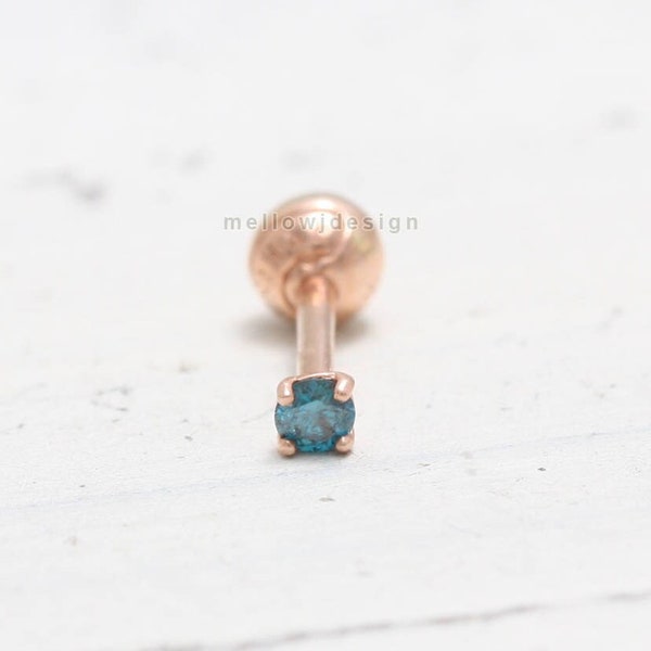 0.03ct Genuine Blue Diamond Prong Setting Solid Gold Ear Cartilage, Conch, Helix, Lobe Piercing Earring-16G, 18g/ 1pcs