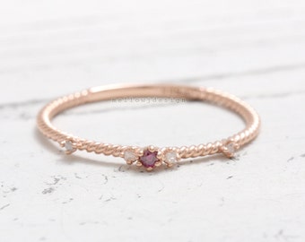 Purple and Milky Diamond Prong Setting Solid Gold Twisted Slim Band Ring