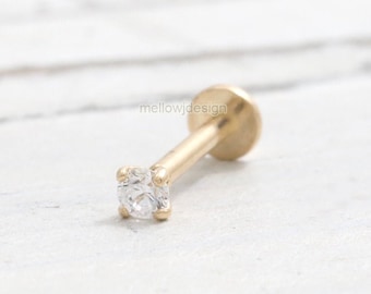 0.03ct, 0.07ct, 0.1ct or 0.25ct Moissanite 4 Prongs Setting 14K Gold Cartilage Conch Helix Internally Threaded Labret Flat Back Piercing 18G