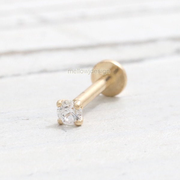 0.03ct, 0.07ct, 0.1ct or 0.25ct Moissanite 4 Prongs Setting 14K Gold Cartilage Conch Helix Internally Threaded Labret Flat Back Piercing 18G