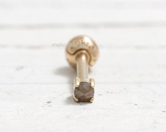 2mm Rose Cut Genuine Brown Diamond Prong Setting Solid Gold Ear Piercing-16g, 18g/ 1pcs