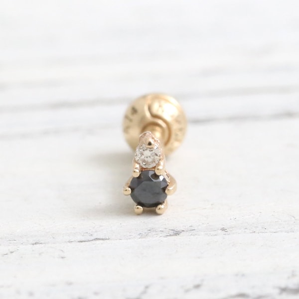 0.03ct & 0.01ct Dual Genuine Black and Tiny Diamond Prong Setting Solid Gold Cartilage, Conch, Helix, Lobe Piercing Earring-16g, 18g/ 1pcs