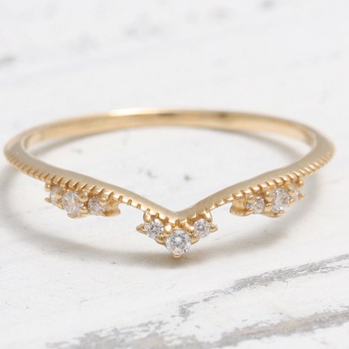 CZ Filigree Lace Thin Band Ring Solid Gold Tiny CZ Milgrain Etsy