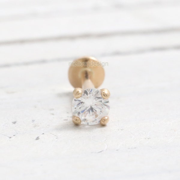 0.1ct CZ, Moissanite, Lab Grown, Natural Diamond 4 Prongs Setting 14K Ear Cartilage Conch Helix Internally Labret Flat Back Piercing Earring