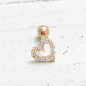 14K Solid Gold CZ Pave Setting Small Open Heart Ear Cartilage Conch Helix Lobe BarBell Ball Back or Labret Flat Back Piercing Earring 1qty
