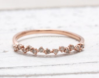 Genuine Cognac Diamonds Zigzag Prong Setting Thin Band Solid Gold Ring, Champagne Diamonds Ring