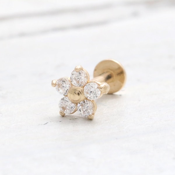 CZ, Moissanite, Lab Grown, Natural Diamond Tiny Flower 14K Gold Cartilage Conch Helix Internally Threaded Labret Flat Back Piercing Earring