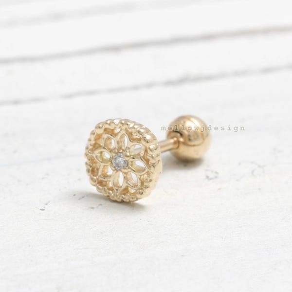0.01ct Genuine Diamond Accent Filigree Circle Flower Gold Cartilage, Conch, Helix, Lobe Piercing Earring-16g, 18g/ 1pcs