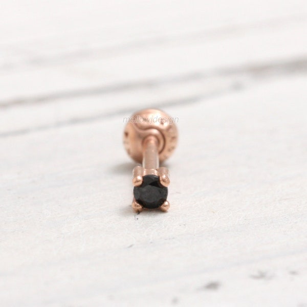 0.03ct Natural Genuine Black Diamond Prong Setting Solid Gold Cartilage, Conch, Helix, Lobe Piercing Earring-16g, 18g/ 1pcs