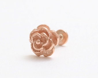 Dainty Natural Rose Flower 14K Solid Gold Cartilage, Conch, Helix, Lobe Internally Threaded Labret Flat Back Piercing Earring