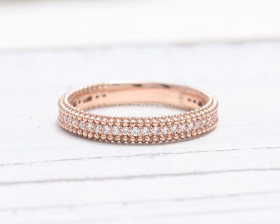 Rose Oro Circonita Eternidad Boda Nupcial Apilable 925 milgrain Anillo Banda Tamaño 7