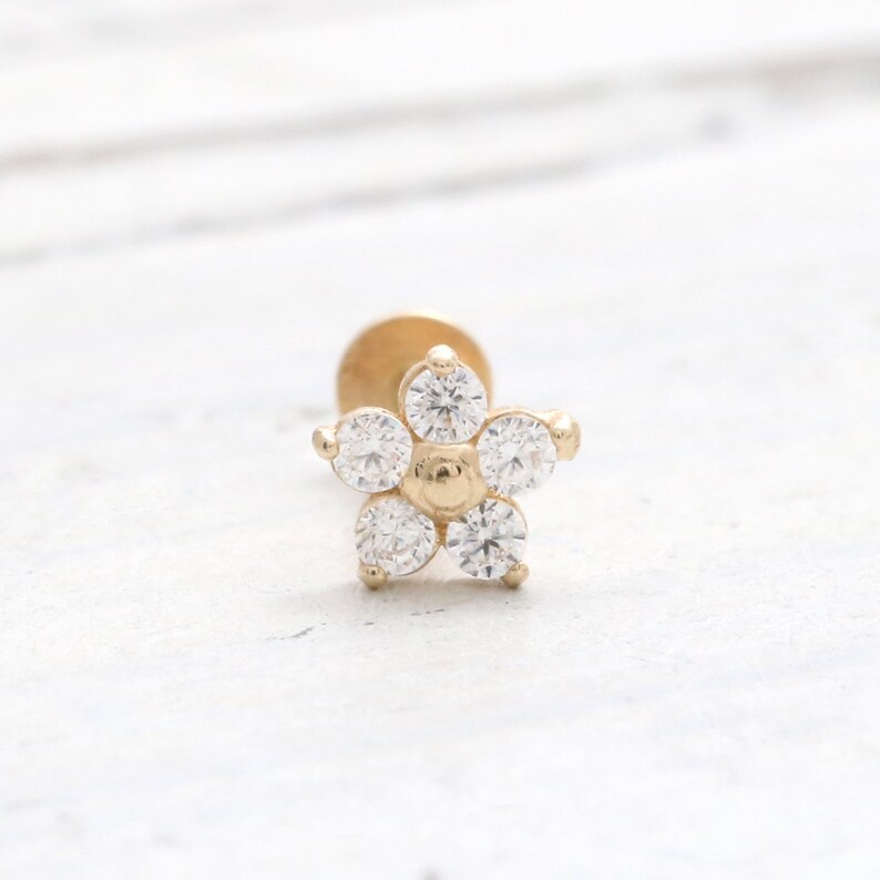CZ Cubic Zirconia Tiny Flower Solid Gold Cartilage Internally Threaded Labret Flat Back Piercing Earring-16g 18g 1pcs Helix Conch
