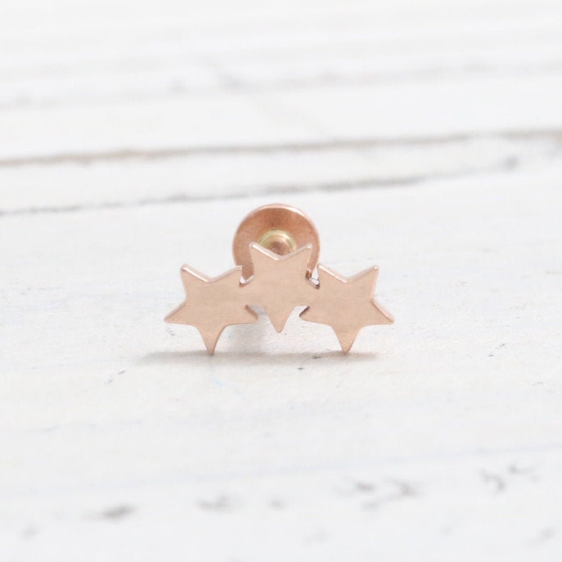Helix 18g 1pcs Internally Threaded Labret Flat Back Piercing Earring-16g 14K Solid Gold Tiny Triple Star Cartilage Conch
