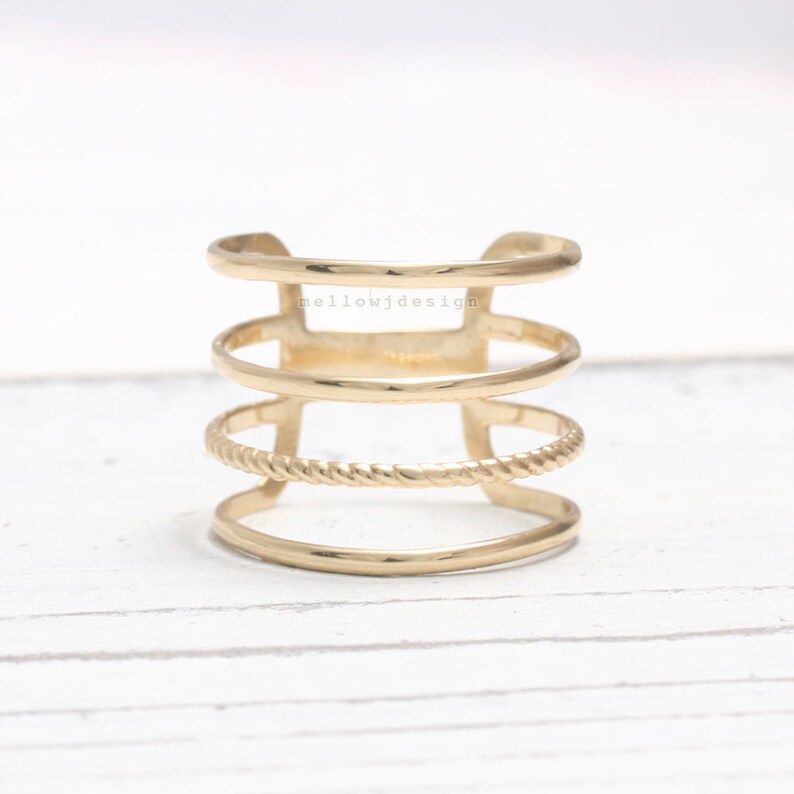 Solid Gold Twisted Rope With Triple Line Band Ring - Etsy