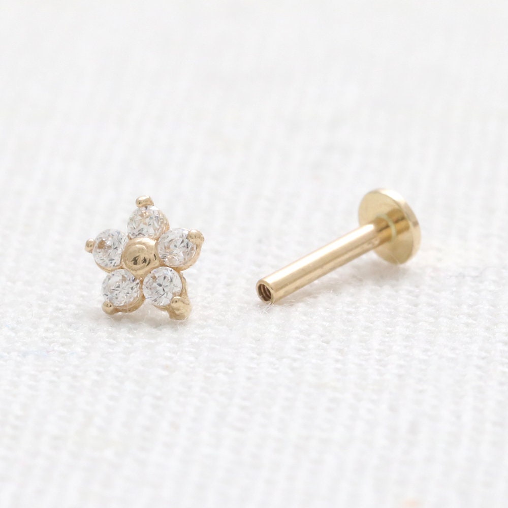 Genuine Diamond Tiny Flower Solid Gold Cartilage Conch - Etsy