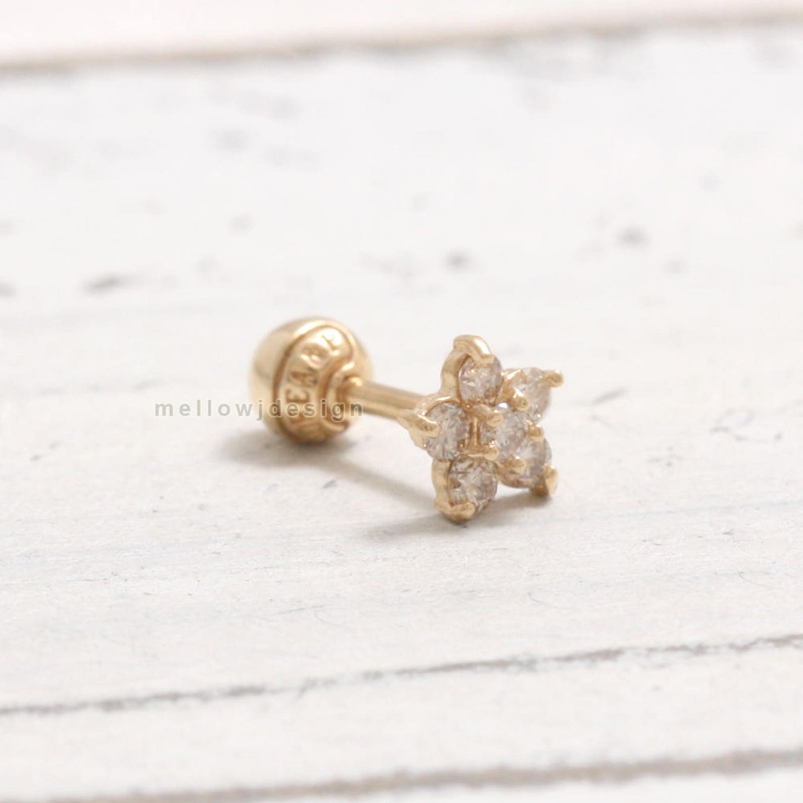 Genuine Cognac Diamond Tiny Flower Solid Gold Ear Cartilage | Etsy