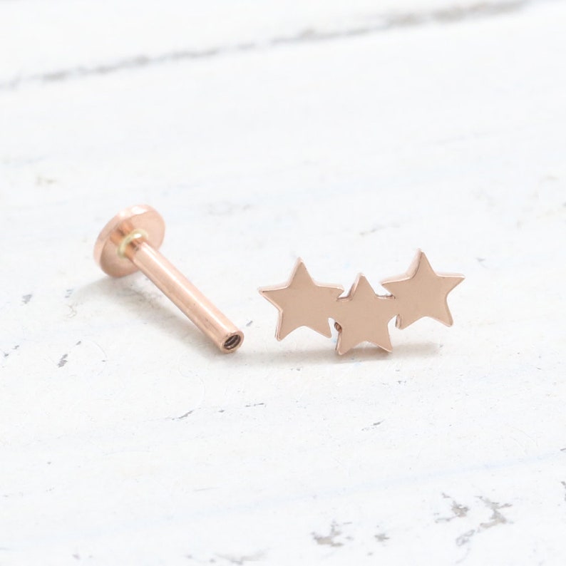 Helix 18g 1pcs Internally Threaded Labret Flat Back Piercing Earring-16g 14K Solid Gold Tiny Triple Star Cartilage Conch