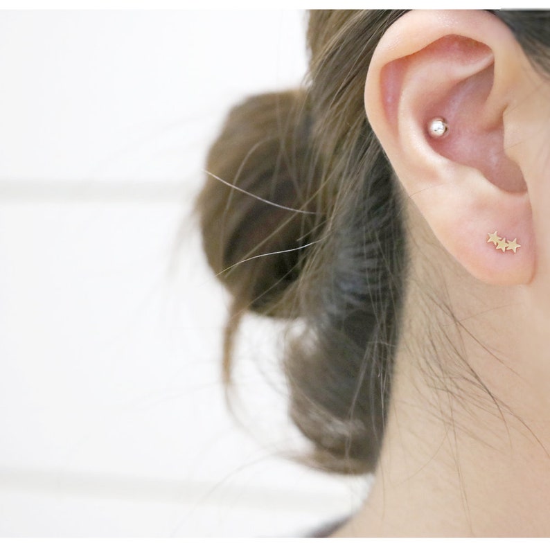 Helix 18g 1pcs Internally Threaded Labret Flat Back Piercing Earring-16g 14K Solid Gold Tiny Triple Star Cartilage Conch