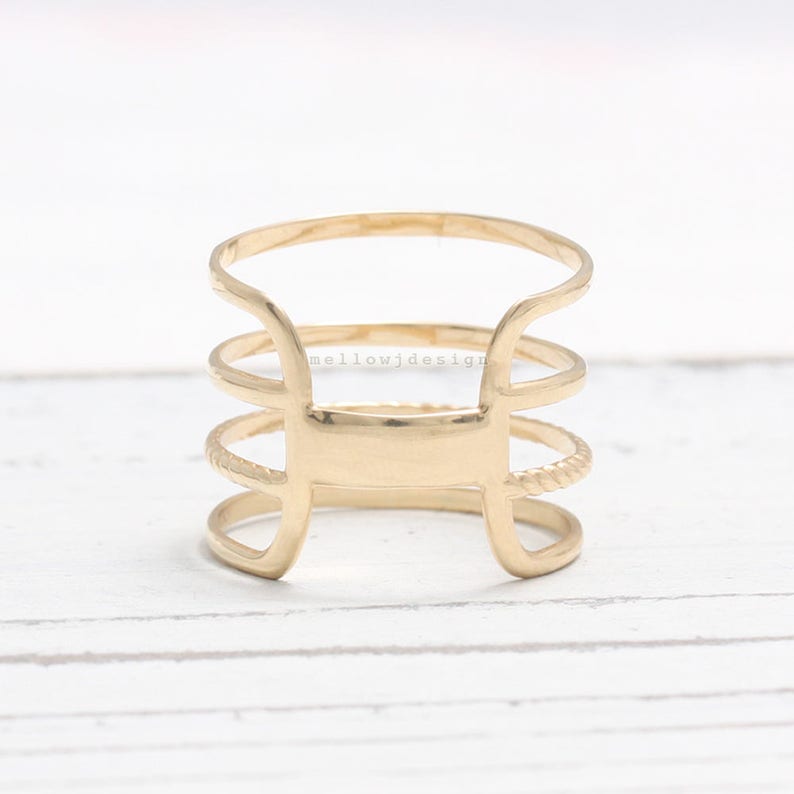 Solid Gold Twisted Rope With Triple Line Band Ring - Etsy