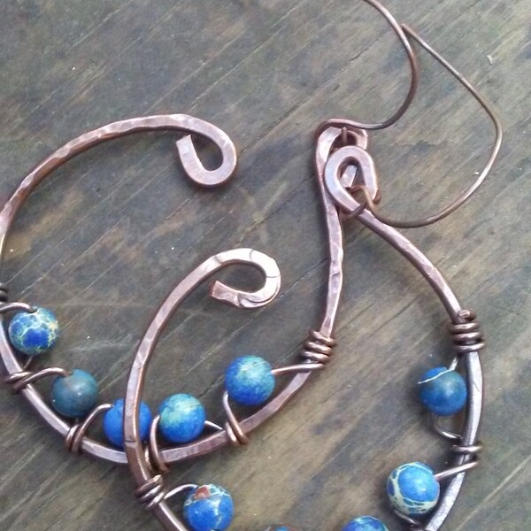 Hammered Copper Sea Sediment Jasper Hoop Earrings