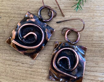 Rustic Handmade Hammered Antiqued Copper Earrings